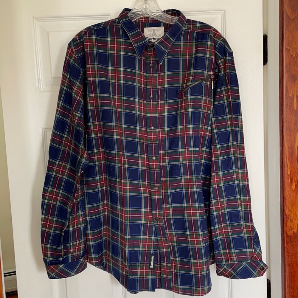 Plaid Barbour button up shirt.
